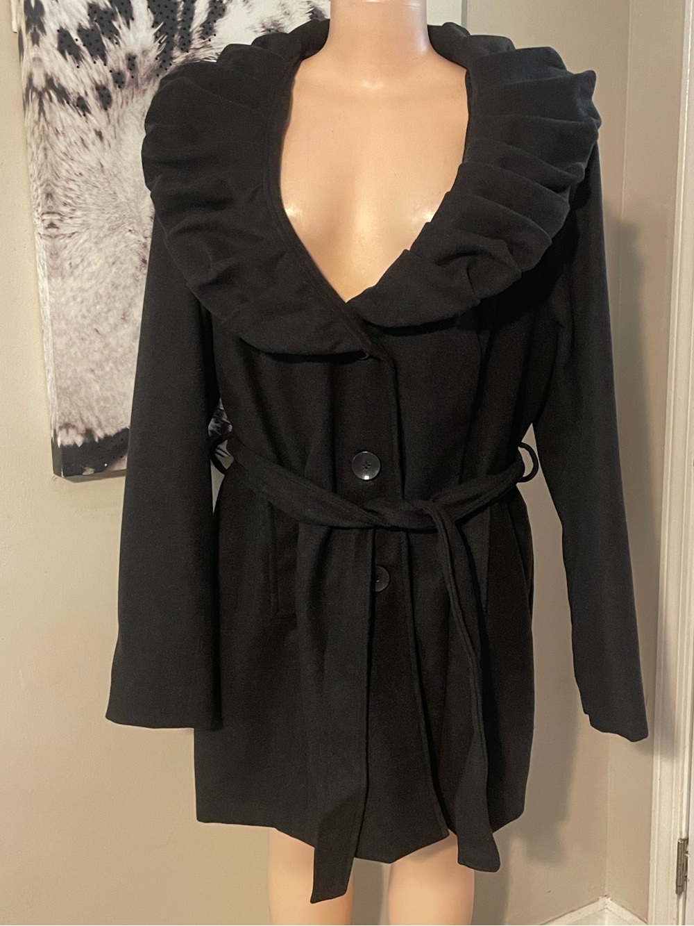 Vintage last kiss Black Ruffle Collar Belted 90s Y2K goth peacoat wool blend 2x